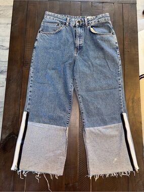 The Ragged Priest Blue Two-Tone Flared Jeans with Black-Trim Side Zip